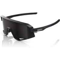 Matte black sunglasses with smoke lenses, angular frame, and "100%" logo on the temple.