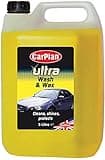 Yellow CarPlan 5L car wash shampoo and wax bottle with black cap and car image on label.