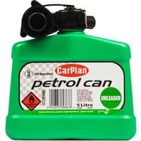 Green CarPlan Tetracan 5L petrol fuel can with black spout and white label featuring red and green accents.