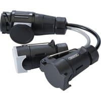 Black Draper 13-Pin Euro to 7-Pin N-Type/7-Pin S-Type Converter with dual connectors and flexible cable.