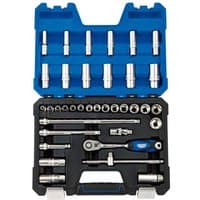Blue Draper 3/8'' Sq. Dr. Metric Socket Set with ratchet, sockets, and extensions in a molded case.