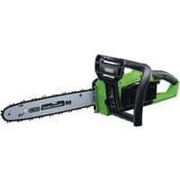 Green and black Draper D20 40V chainsaw with ergonomic handle and 16-inch silver blade, sold without battery.