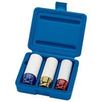 Blue case with three Draper Expert Hi-Torq wheel nut sockets, each with a white sleeve and colored base: blue, gold, red.