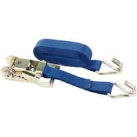 Blue Draper ratcheting tie down strap, 4m x 30mm, with metal ratchet and hooks, 400kg capacity.