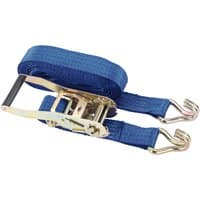 Blue Draper ratcheting tie down straps, 8m x 50mm, with metal hooks and ratchet mechanism, 1300kg capacity.