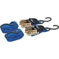 Blue Draper ratcheting tie down straps, 4.5m x 25mm, with black hooks and metal ratchets, 225kg capacity, 2 piece set.