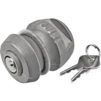 Gray Draper Tow Ball Lock, 50mm, with grooved texture, circular design, and two silver keys attached to a ring.