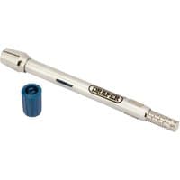 Silver Draper tyre pressure gauge with end mount, blue cap, and measurement markings on the side.