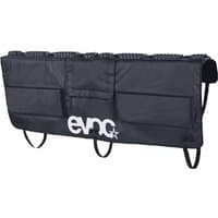 Black Evoc Tailgate Pad with white logo, multiple straps, and padded sections for securing bikes on a truck tailgate.