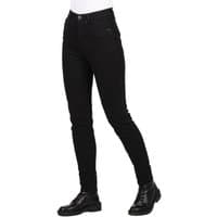 Black Knox Calder ladies motorcycle denim jeans, slim fit, five-pocket design, paired with black boots.