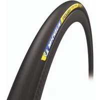 Black Michelin Power Time Trial 700c tyre with yellow and blue branding on sidewall.