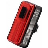 Moon Helix Lite rear light, 100 lumens, red lens, black casing with geometric pattern, compact rectangular design.