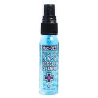 Muc-Off Helmet And Visor Cleaner, 35ml blue spray bottle with black pump and clear cap, branded label with cross symbol.