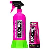 Pink Muc-Off spray bottle with black nozzle and green base, alongside pink Punk Powder bike cleaner box.