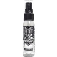 Clear Muc-Off Visor Anti-Fog Treatment 35ml spray bottle with black cap and label detailing.