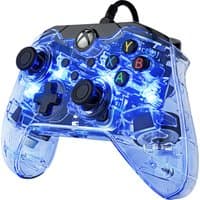 Transparent blue PDP Afterglow USB gamepad with illuminated buttons and analogue sticks.