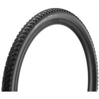 Black Pirelli Cinturato Gravel M 700c tyre with knobby tread pattern and white sidewall branding.