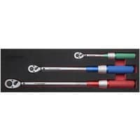 Sealey 3pc torque wrench set with silver handles, colored grips, and micrometer style heads in black foam case.