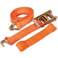 Orange Sealey ratchet tie down strap with metal hooks and ratchet mechanism, 50mm x 3m, for alloy wheels, 5000kg capacity.