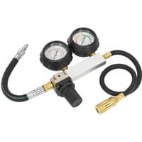 Sealey Cylinder Leakage Tester with two black gauges, flexible hose, and brass fittings.