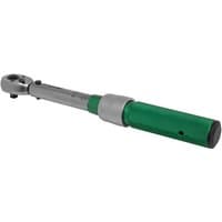 Sealey torque wrench with green handle, silver micrometer scale, and 1/4-inch square drive, 5-25Nm range.
