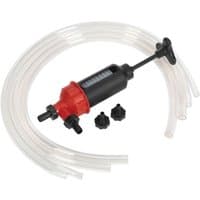 Red and black Sealey transfer syphon pump with clear tubing and two black nozzle attachments.