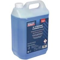 Sealey Ultrasonic Cleaning Fluid 5ltr, blue liquid in a translucent plastic container with a white cap and label.