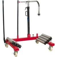 Red Sealey W1200T wheel removal trolley with black handle, adjustable arms, and four caster wheels.