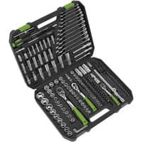 Siegen socket set 219pc in black case with green accents, includes various sockets, ratchets, and extensions.