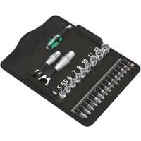 Wera socket set with green-handled driver, shallow sockets, and bits in a black folding case.