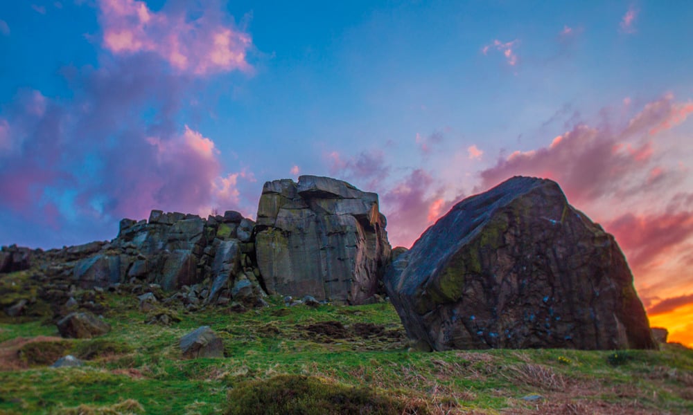 Cow and Calf rocks on Ilkley Moor in the sunset