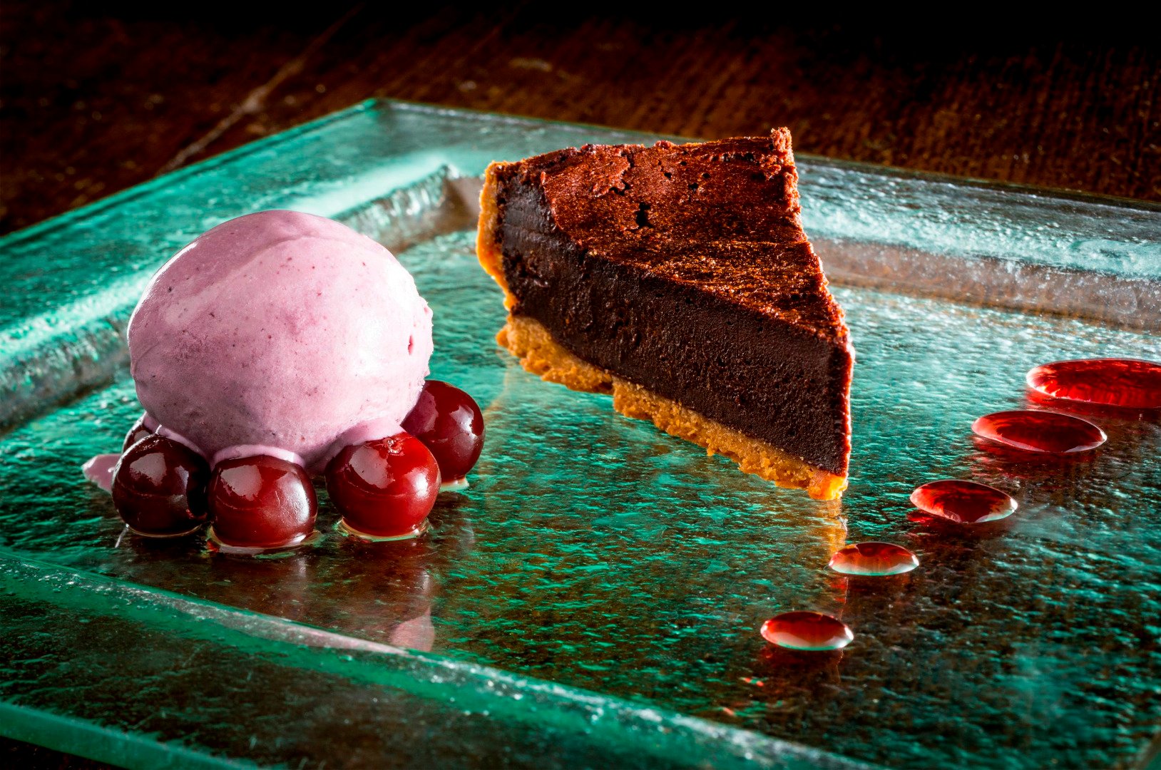 Image name homemade chocolate tart with cherry ice cream cherries the blue lion inn east witton the good pub guide inn of the year 20141 the 5 image from the post Eating out in the Yorkshire Dales in Yorkshire.com.
