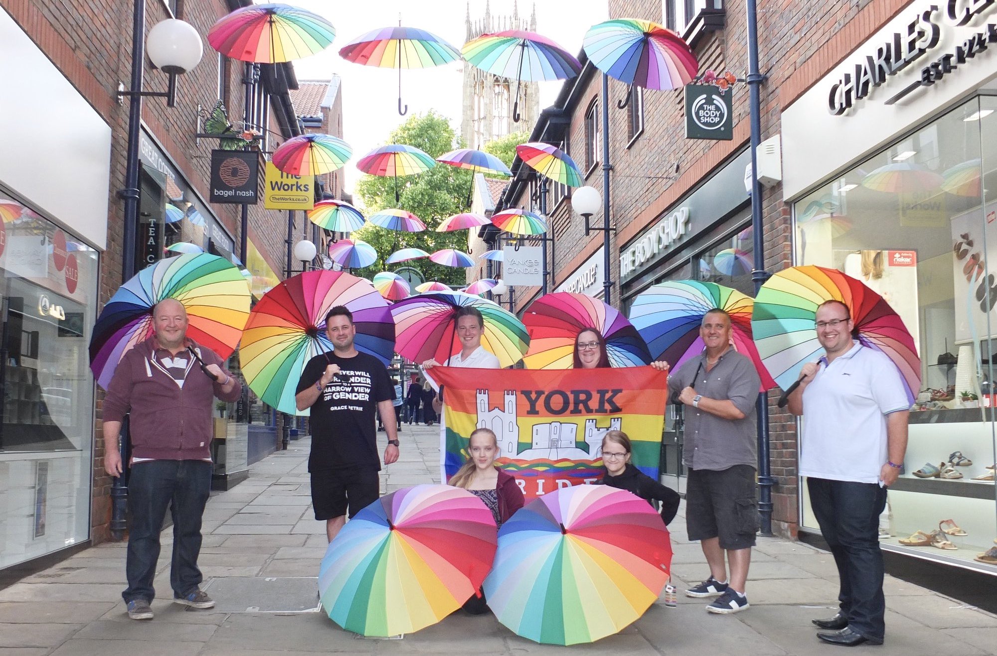 York Pride rainbow umbrellas 2019