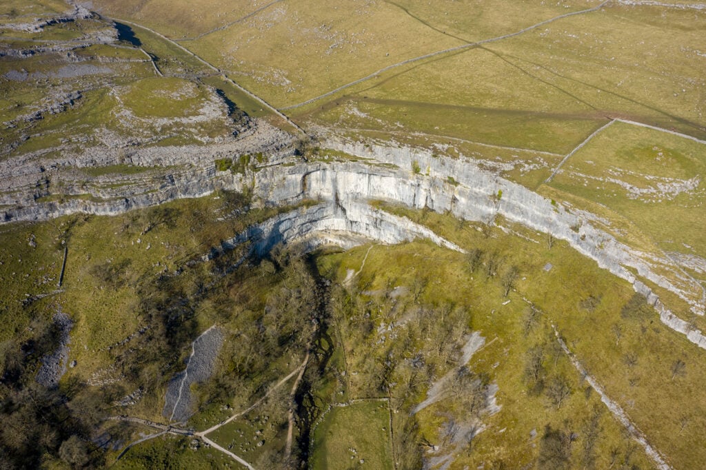 malham cove aerial drone shot