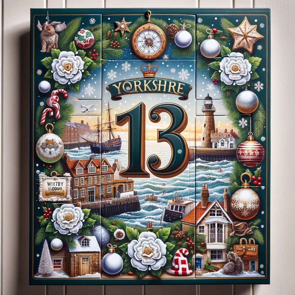 Image name An advent calendar door for number 13 featuring the number 13 as the central element surrounded by festive and Yorkshire themed decorations the 12 image from the post Day 13 - Christmas 2023 in Yorkshire.com.