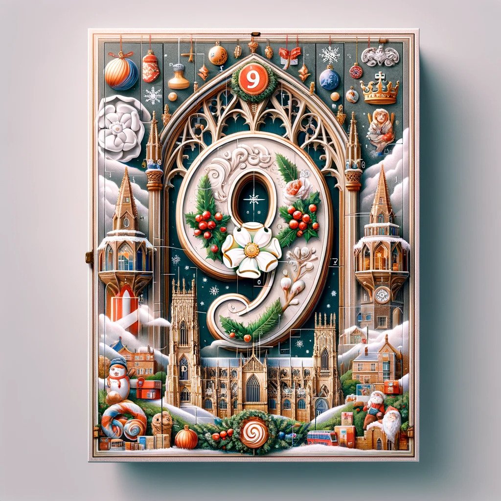 Image name DALL·E 2023 11 29 13.16.12 An advent calendar door showcasing the number 9 designed with a festive theme and elements representative of Yorkshire including York Minster. The n the 16 image from the post Day 9 - Christmas 2023 in Yorkshire.com.