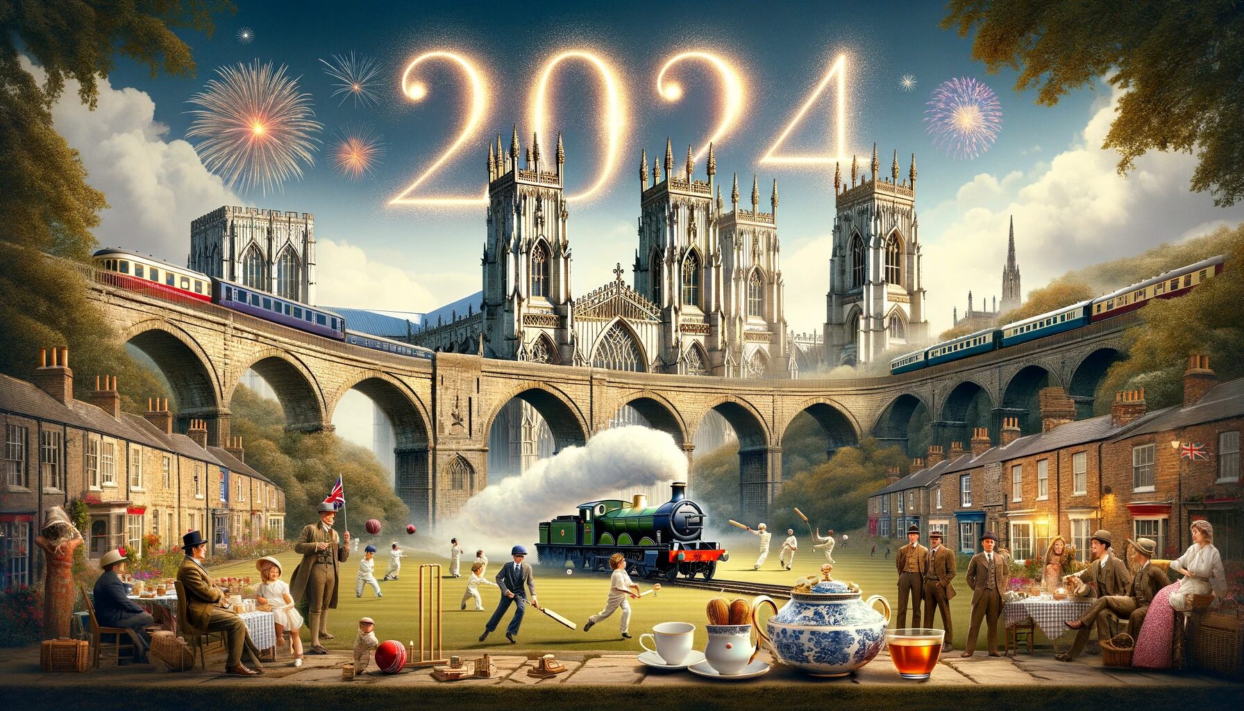 Image name DALL·E 2024 01 01 20.41.32 A wide 16 9 aspect ratio Happy New Year 2024 image combining iconic British scenes. Prominently the historic York Minster cathedral in the backgroun the 17 image from the post Happy New Year from Welcome to Yorkshire! in Yorkshire.com.