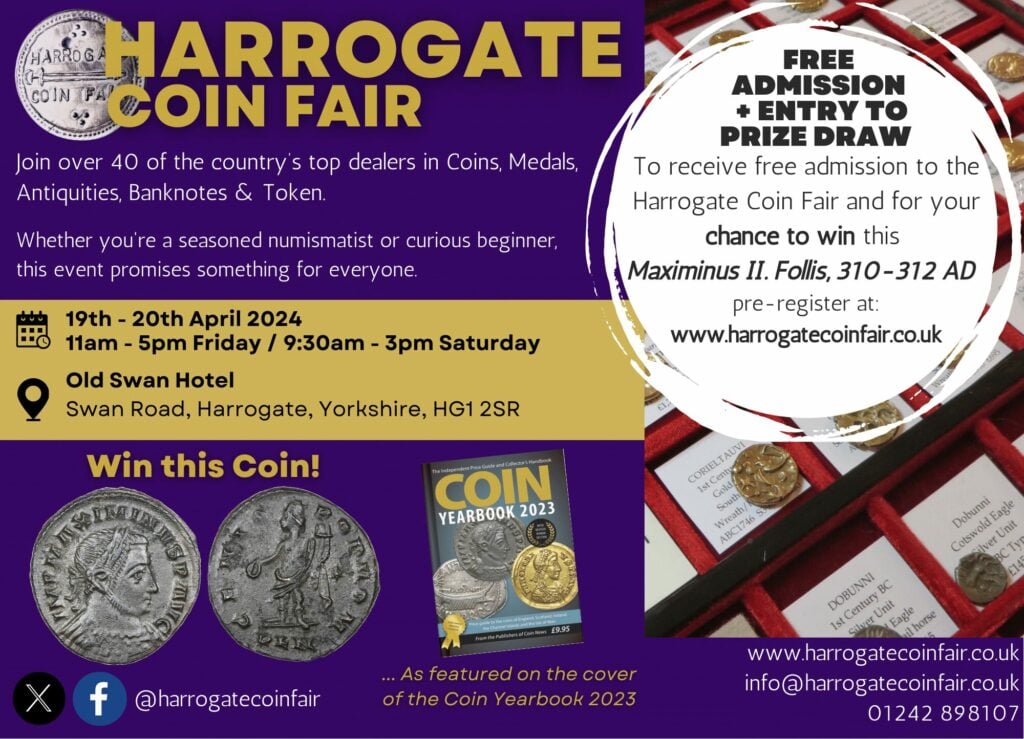Image name Harrogate Coin Fair Flyer 130 x 180 mm 1 the 1 image from the post Harrogate Coin Fair in Yorkshire.com.