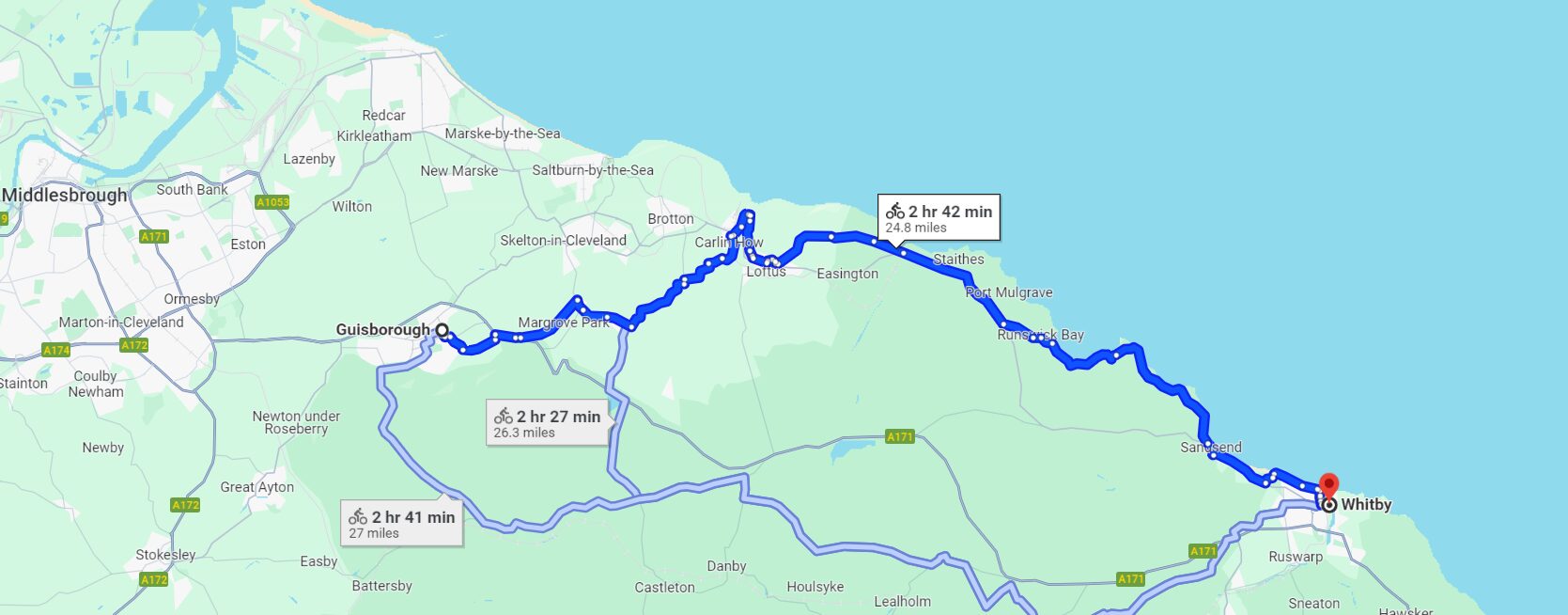 map of Guisborough to Whitby and route